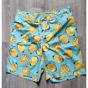 St Johns Bay Swim Shorts Tie Waist Size Large Brief‎ Lined Blue Lemons